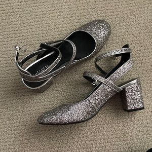 NEW J. Crew Indigo Rd Glitter Strappy Block Heel Sandals High Heels Size 8 NWOB